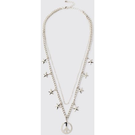 Silver Layered Chain with Star Accents and Peace Pendant