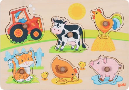 GOKI Steekpuzzel - Op De Boerderij - 6 Delen - 30X21X2,4Cm - Hout - 1 Jaar