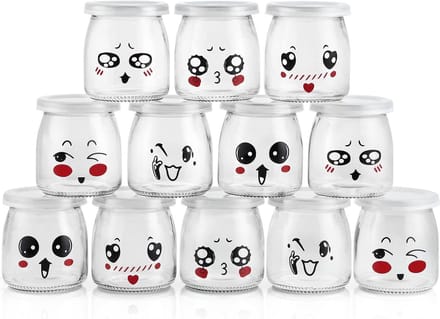 Set van 12 glazen yoghurtglazen van 200 ml met plastic deksel voor desserts, jam, honing en opslag