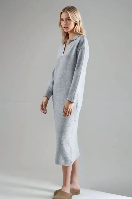 Geribbelde Polo Kragen Maxi Tricot Jurk
