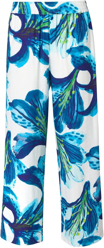 Ulla Popken - Dames - Broek bloemen wijde pijp elastische tailleband - Donkermarine - Maat 42+