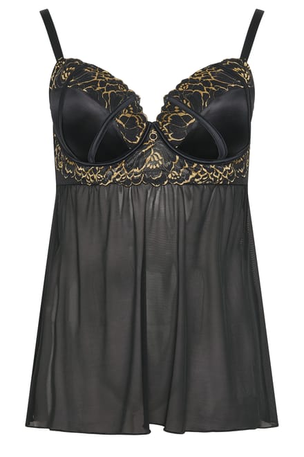 Yours Zwarte En Gouden Kanten Babydoll Size 85B