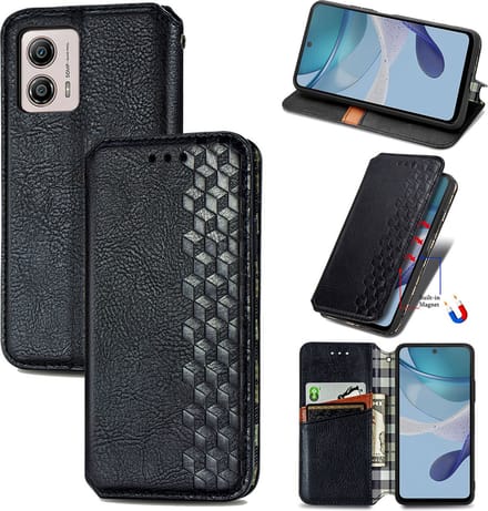 Luxe PU Lederen Ruitpatroon Wallet Case + Glas Screenprotector voor Moto G53 5G _ Zwart