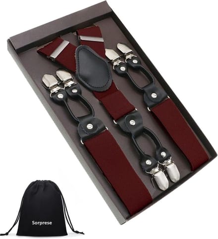 Luxe chique - heren bretels - wijnrood effen - 6 extra stevige clips - zwart leer