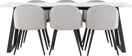 Malaga eethoek eetkamertafel 90x200cm wit en 6 Skagen stoel velours grijs.
