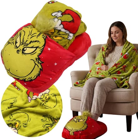 Grinch Kerstcadeauset, deken 110 cm x140 cm + voetwarmer, winterset