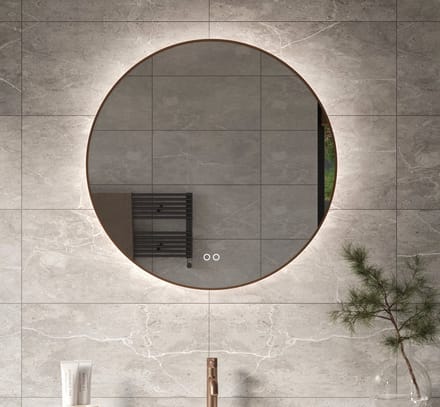 Ronde badkamerspiegel met indirecte verlichting, verwarming, touch sensor, dimfunctie en koperen frame 80x80 cm