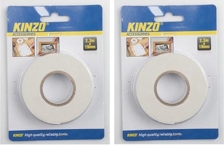 Kinzo Dubbelzijdig tape - 2x rol - 19 mm x 2,3 meter - wit