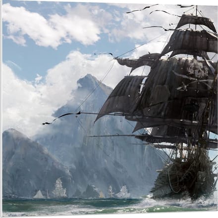 Forex - Geschilderd Schip met Bergen - 80x80cm Foto op Forex