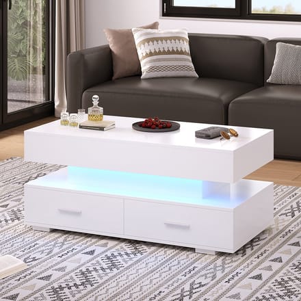 KOMHTOM Salontafel Hefbare Tafel LED verlichting Bluetooth APP bediening 2 laden en open opbergruimte wit
