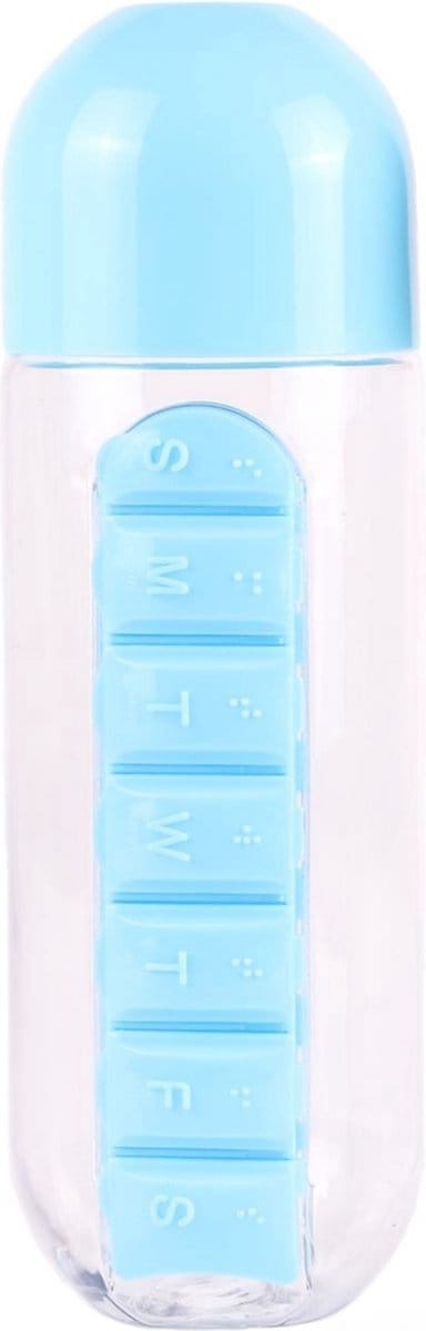 Benson Waterfles - Drinkfles 600 ml met Pillendoos - medicijnen - 7 Vaks - Blauw