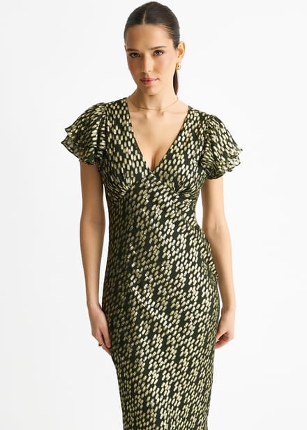 Donkergroene viscose maxi-jurk met geknipte gouden jacquard en schuine snit