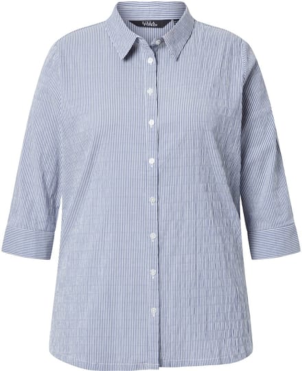 Ulla Popken - Dames - Overhemdblouse strepen bubble-structuur 3/4-mouwen - Marine - Maat 58+