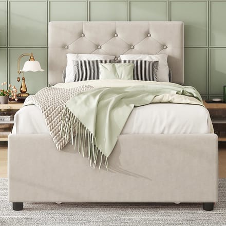 KOMHTOM Kinderbed Eenpersoonsbed 90 x 200 cm met onderschuifbed Fluweel Beige