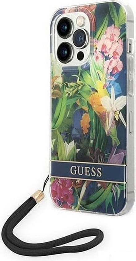 Guess Flower Back Cover met Strap - Geschikt voor Apple iPhone 14 Pro Max (6.7") - Blauw