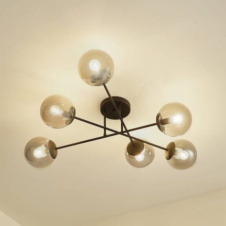 Lindby - plafondlamp - 6lichts - Ijzer, glas - H: 28 cm - E14 - zwart, rookgrijs