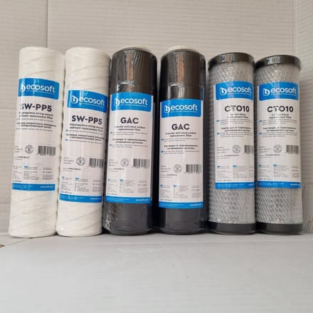 Ecosoft waterfilter - sedimentfilter patronen - 2 x carbon block - 2 x GAC filter - 2 x koordfilter 5 micron