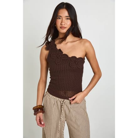 boohoo Dames Gehaakte Top Met Bloemencorsage En Éen Schouder | Chocoladebruin | Maat: Medium