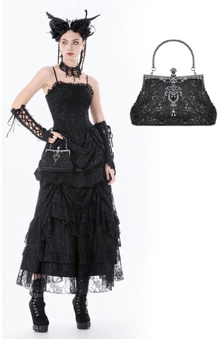 Dark in Love - Vintage Beaded Gilded Evening Bag Handtas - Zwart