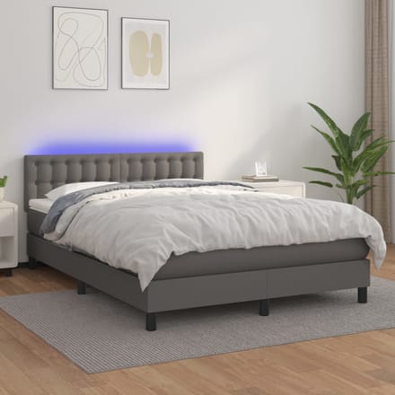 vidaXL - Boxspring - met - matras - en - LED - kunstleer - grijs - 140x190 - cm