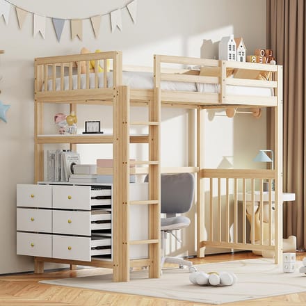 Loftbed 90x200 cm met Lade en Plateau - Multifunctioneel Kinderbed/Studentenkamerbed Wit Houtkleur