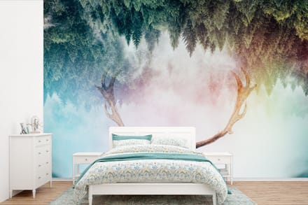 Behang - Fotobehang Hert - Gewei - Bos - Mist - Breedte 330 cm x hoogte 220 cm