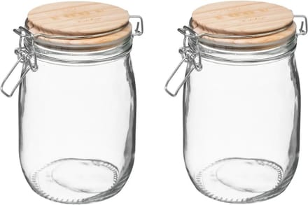 5Five Weckpot/voorraadpot - 2x stuks - 1L glas - houten deksel en beugelsluiting - luchtdichte afsluiting