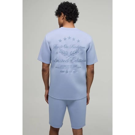 Embroidered Limited Edition Regular Fit Bonded Scuba T-Shirt & Slim Pintuck Short Set | Dusty Blue | Size Medium