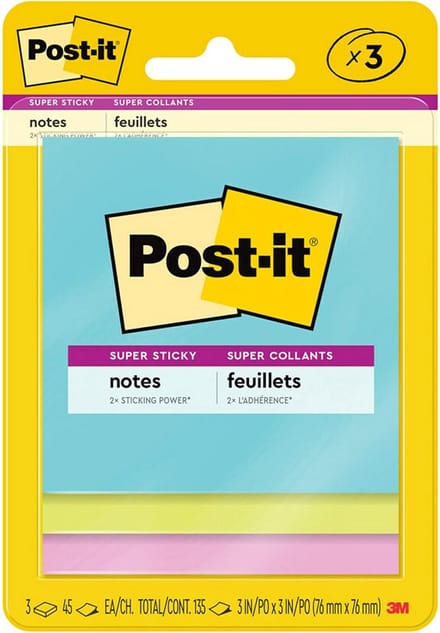 Post-it Super Sticky Notities 3" x 3", Miami Collection, 3 Pads met 45 Vellen