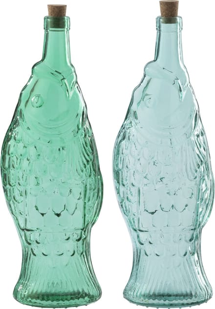 J-Line decoratie Fles - glas - azuurblauw/smaragdgroen - set van 2