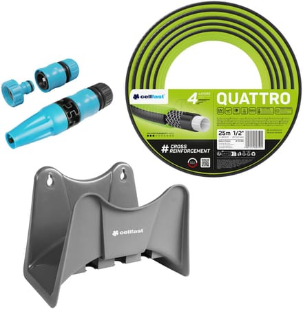 Cellfast Quattro tuinslang 1/2" 25 m + Cellfast slanghouder grijs + set met Cellfast Basic rechte sproeikop 1/2"