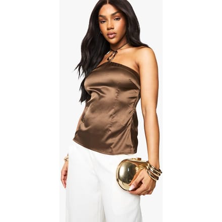 boohoo Dames Goudomlijnde Satin Halter Top | Chocolate | Maat: 10