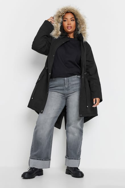 Yours Parka Met Rand Van Imitatiebont Langs Capuchon In Zwart Size 46