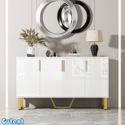 Gutent Dressoir-4 Deuren-Metalen Handgrepen en Poten-Wit-Geometrisch Ontwerp-140 L*40 B*80 H