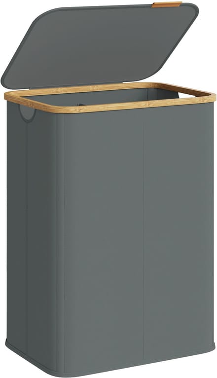 SONGMICS - Wasmand - Wasmand met Deksel - 2 Compartimenten - Opvouwbaar en Bamboe Frame