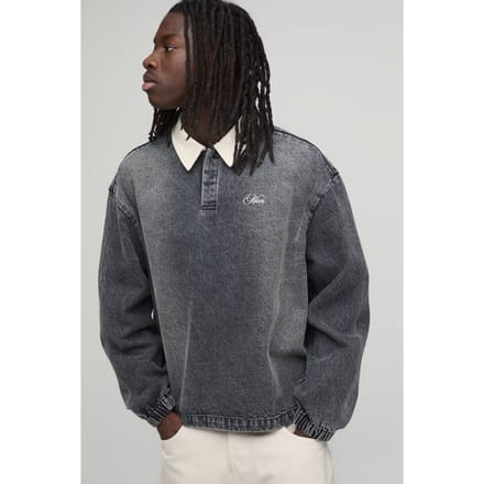 Geborduurd Gewassen Oversized Denim Rugby Shirt | Washed Black | Size Medium
