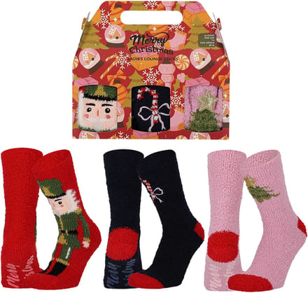 Apollo Dames Sokken Kerst Print Chenille Bedsokken Giftbox 3-Pack - Maat 36/41