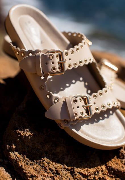 Wittchen Dames leren slippers met decoratieve bandjes, beige, natuurlijk leer