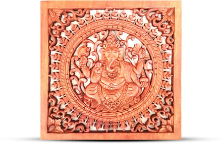 Vierkant decoratief houten paneel met Boeddha en Ganesh, 40x40 cm.