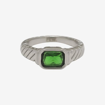 Essenza Green Stone Ring Silver Size 6