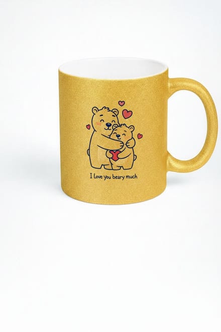 Gouden Glitter Mok met Beren Knuffel en Tekst 'I Love You Beary Much' - Liefdevol Cadeau