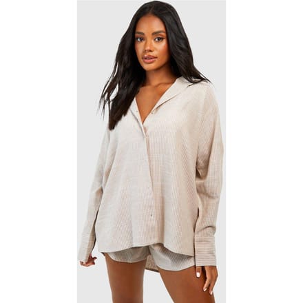 boohoo Dames Katoenen Tonale Streepjes Oversized Pyjamashirt | Steen | Maat: 42