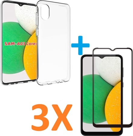 Silicone hoesje transparant met 3 Pack Full Tempered glas Screen Protector Geschikt voor: Samsung Galaxy A03 Core