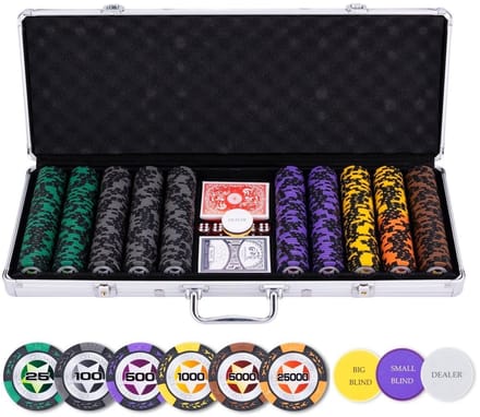 Pokerset 500 Chips 14 gram - Chips met Waarde (High Stake) - Speelkaarten, Dealer Button & Dobbelstenen - Engelhart