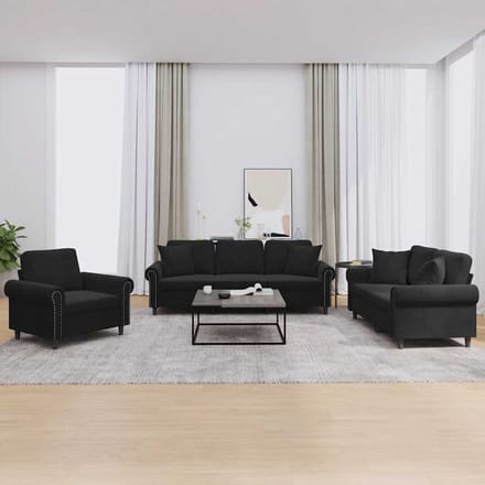 vidaXL - 3-delige - Loungeset - met - kussens - fluweel - zwart