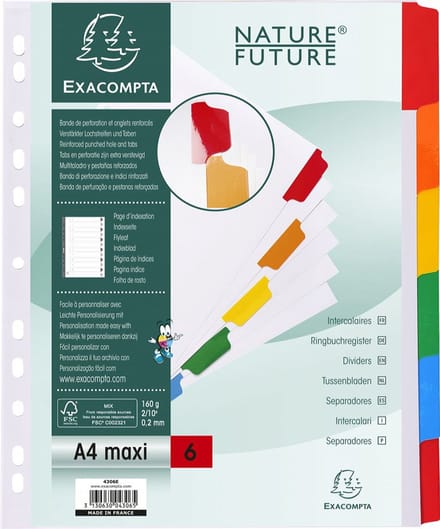 Exacompta Tabbladen karton 160g - geplastificeerde gekleurde tabs + index - 12 tabs - A4 maxi - Wit - 4312E