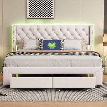 Tweepersoonsbed 140x190 cm grijs fluweel met studs, LED-hoofdbord en USB-oplaadfunctie