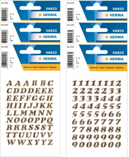 Herma stickervellen letters en cijfers - 6x vellen - goud / iriserend - 8 mm - watervast