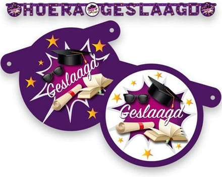 Haza Letterslinger geslaagd thema - paars/wit - karton - 170 cm - diploma examenfeest versiering