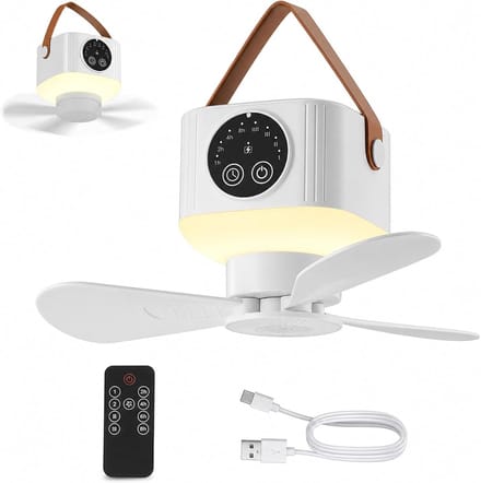 kampeer ventilator - fan - plafondventilator - ventilator - plafondventilator met verlichting - plafondventilator lamp - plafonventilator afstandsbediening- kampeerventilator accu - draagbare plafond ventilator - geel - 7200mAh